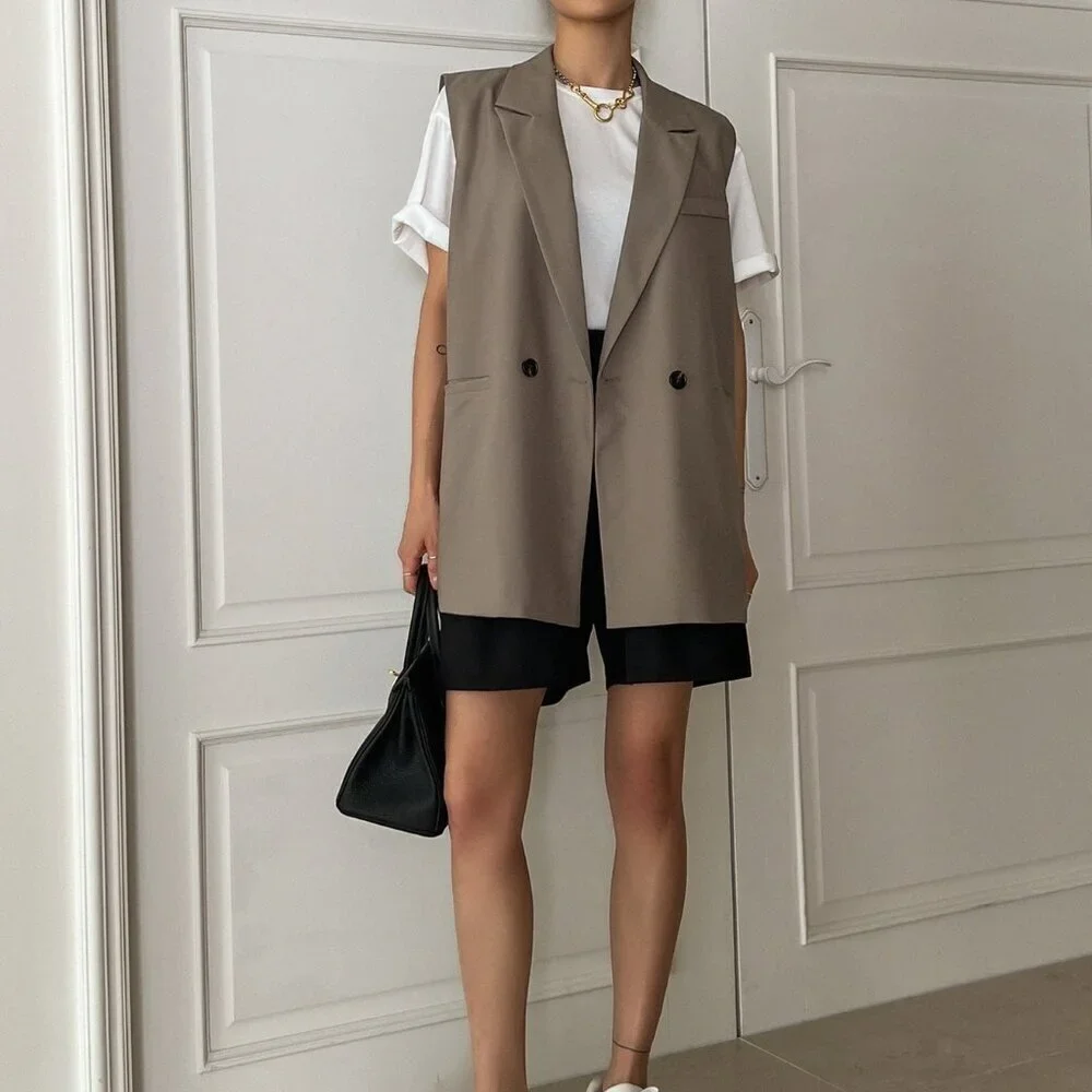 Khaki Casual Women's Double Button Double Pocket Vest Blazer - Picture 3 of 8